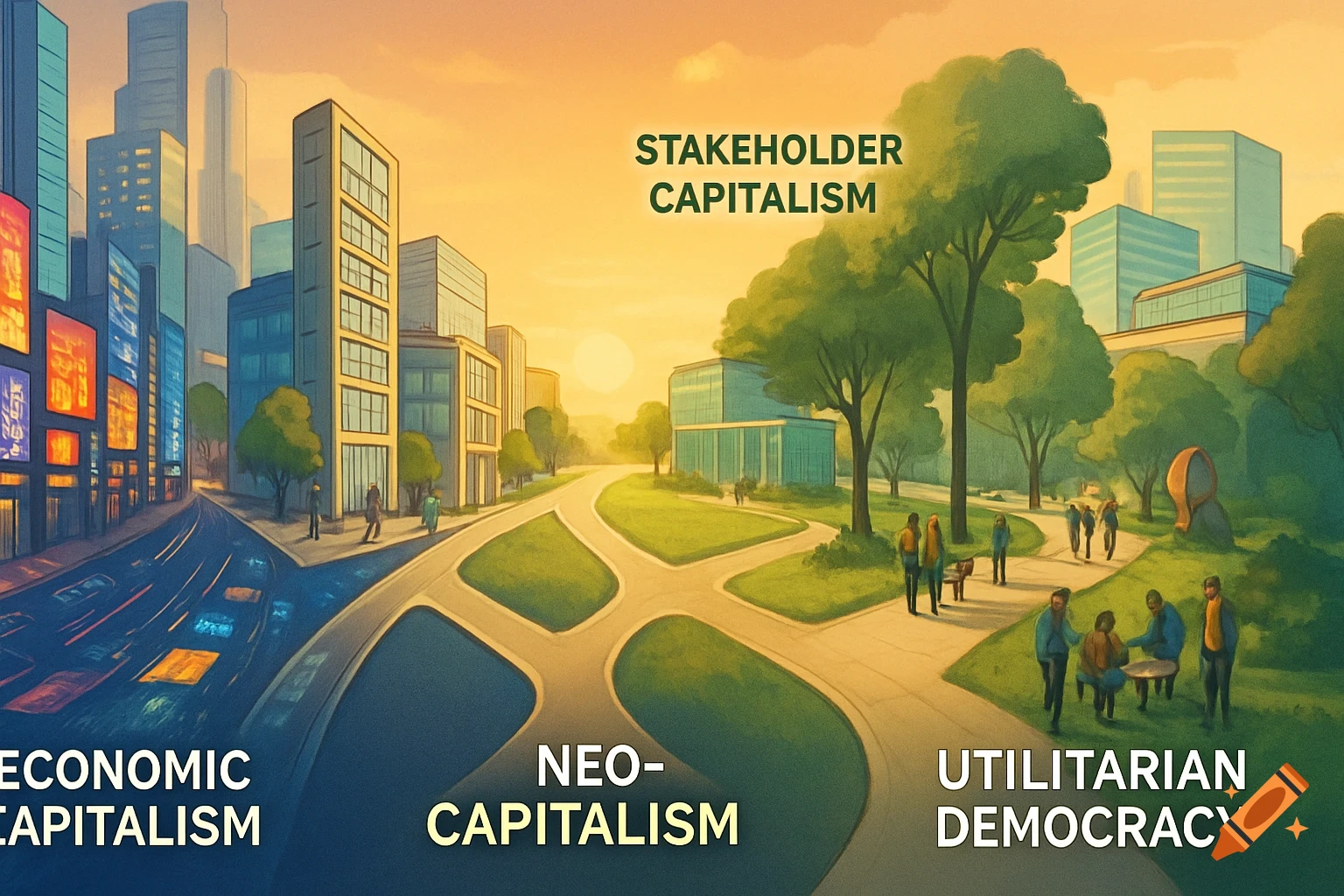 Conceptual illustration showing a path from a city to a park-like area, labeled with economic and political terms.