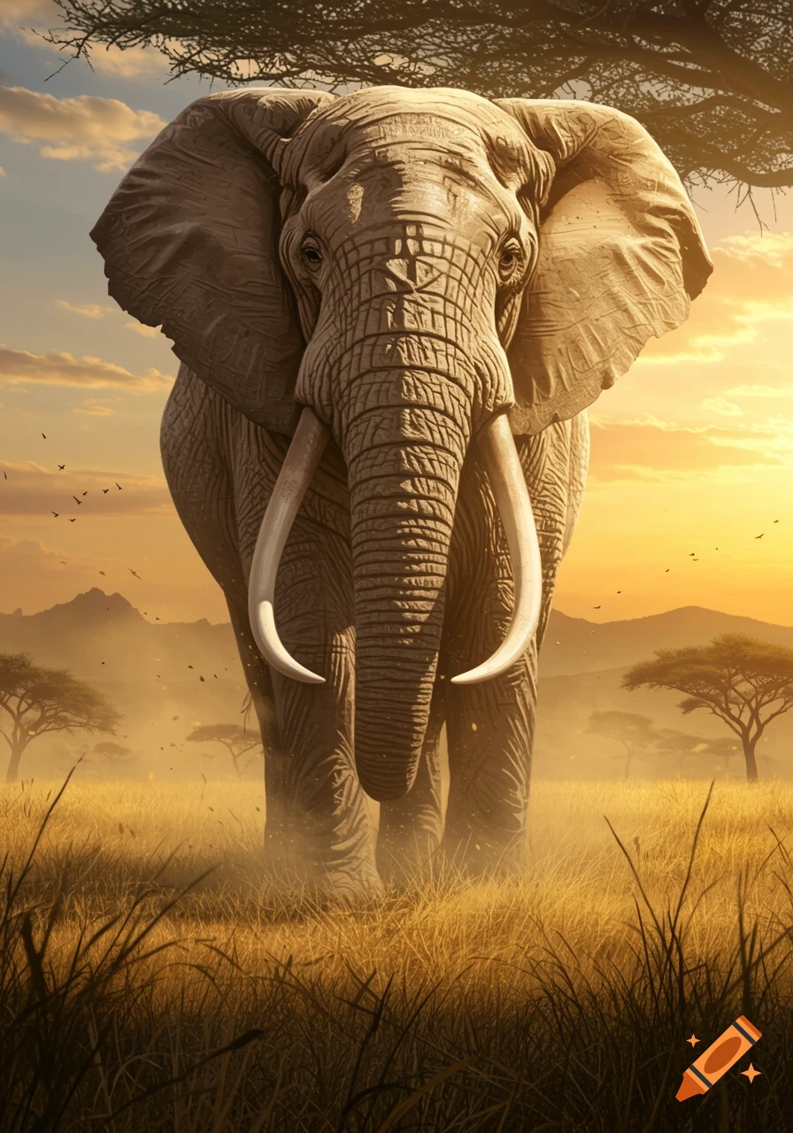 A large African elephant stands in golden savanna grass with acacia trees and distant mountains under a dramatic sunset sky.