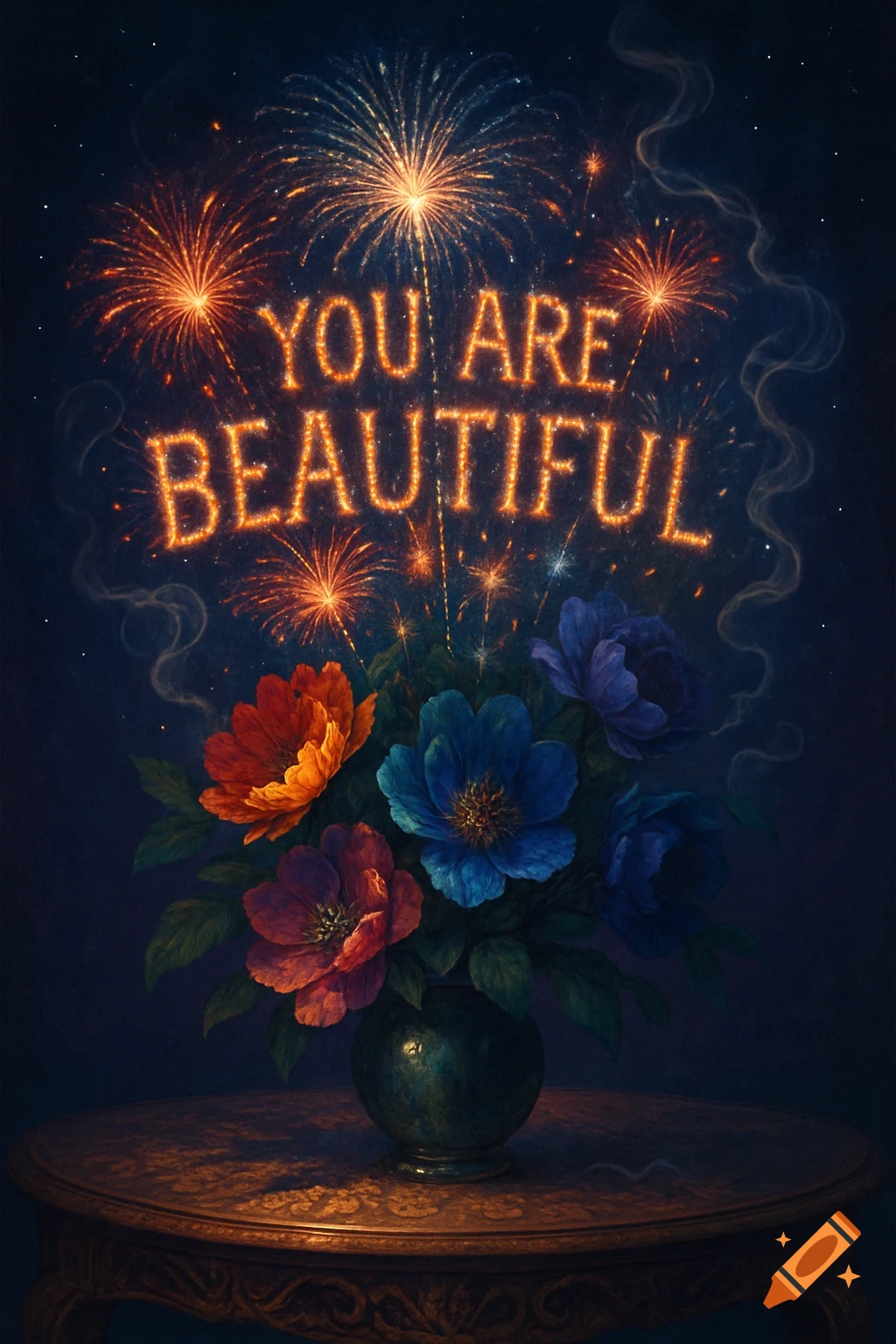 A bouquet of colorful flowers in a vase on a table, with fireworks spelling 'YOU ARE BEAUTIFUL' above them.