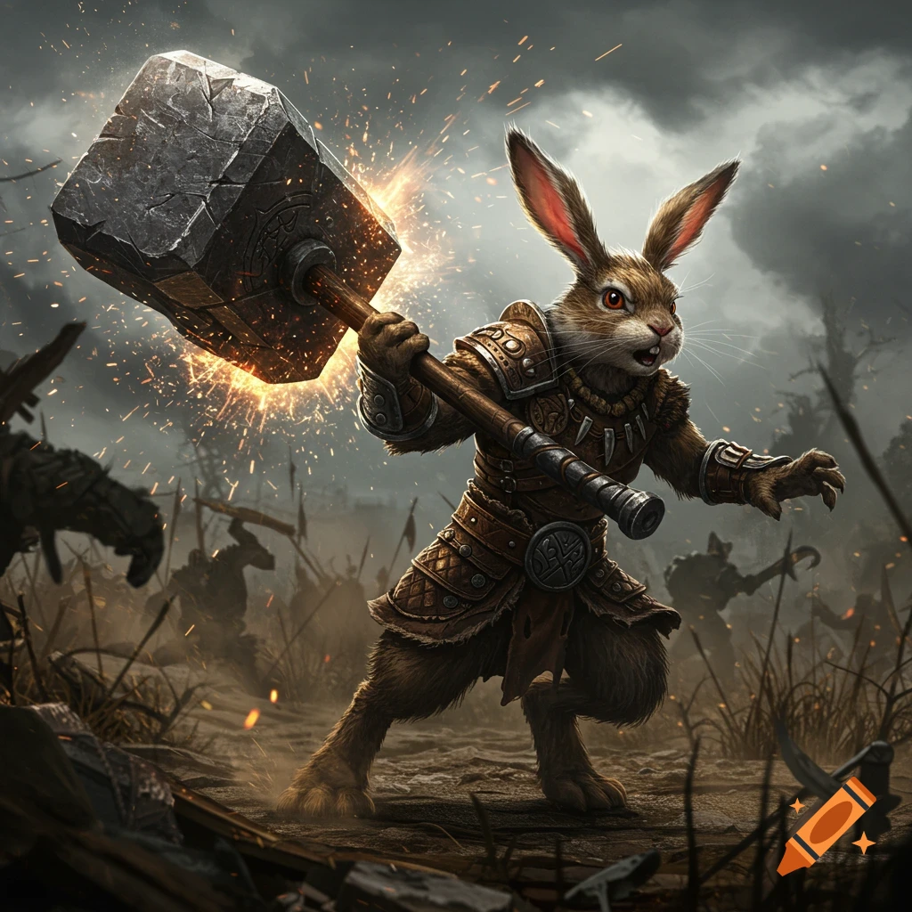 An anthropomorphic rabbit warrior in detailed armor wields a massive stone hammer, sparks flying, on a battleground with shadowy figures in the background.
