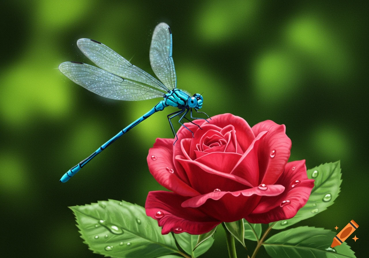A vibrant blue dragonfly with translucent, speckled wings rests on a dew-kissed red rose, set against a soft green background.