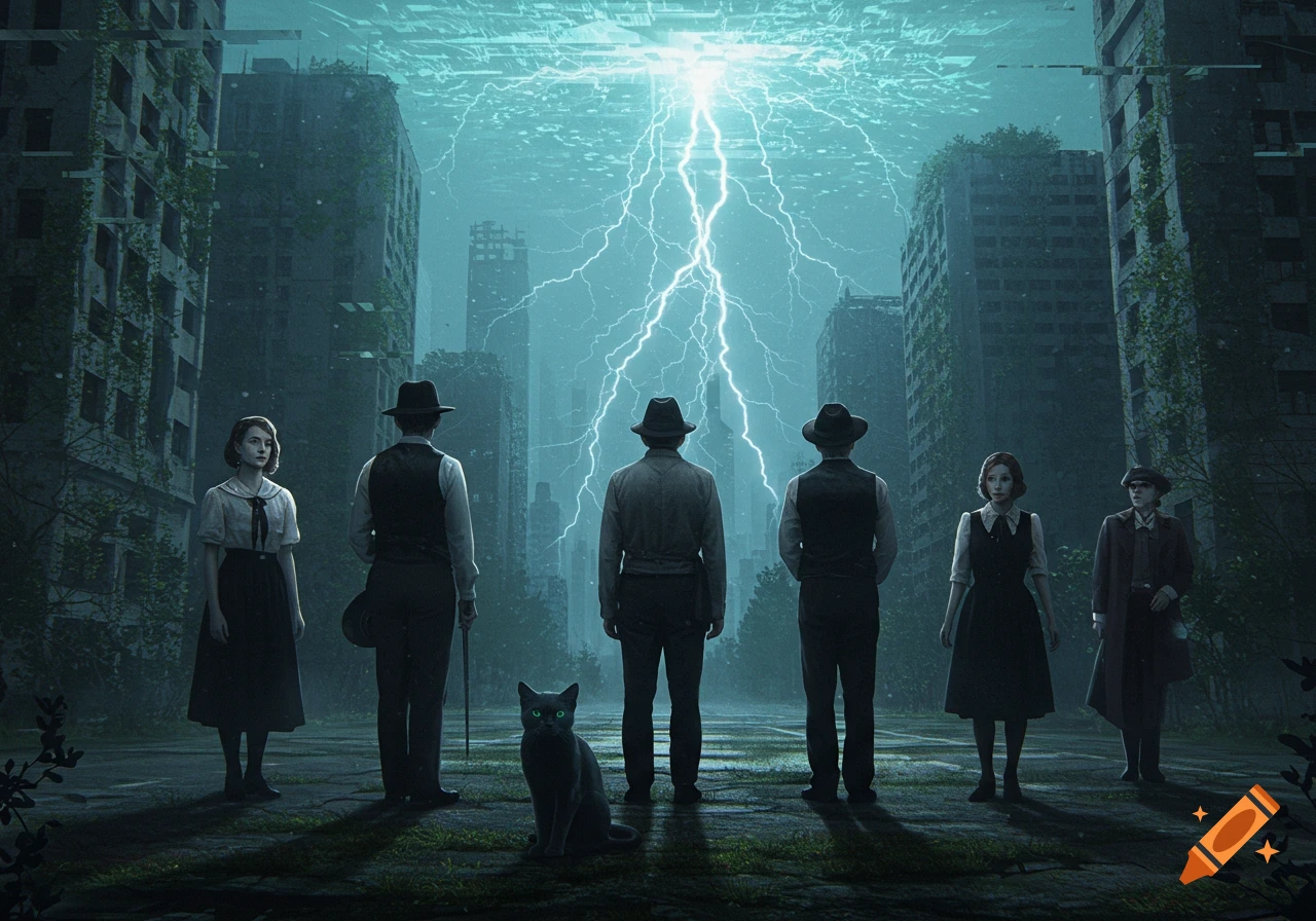 Five people and a black cat stand in a ruined city under a sky filled with lightning and digital static.