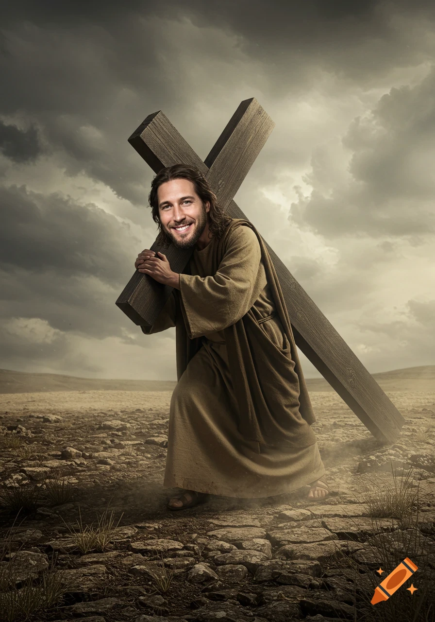 Photorealistic image of Jesus smiling widely while carrying a large wooden cross across a barren, rocky landscape under a stormy sky.