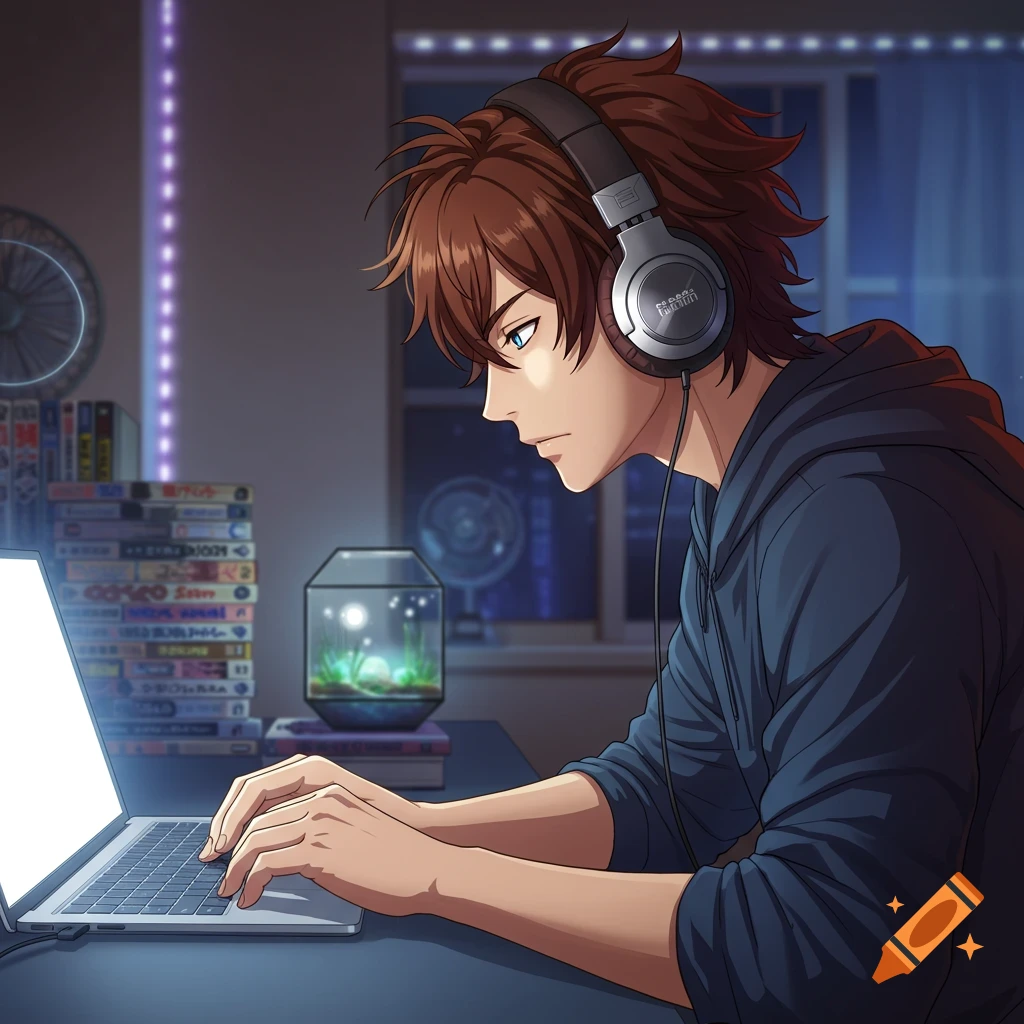 Anime guy with brown hair and blue eyes wearing headphones, typing on a laptop in a dimly lit room.