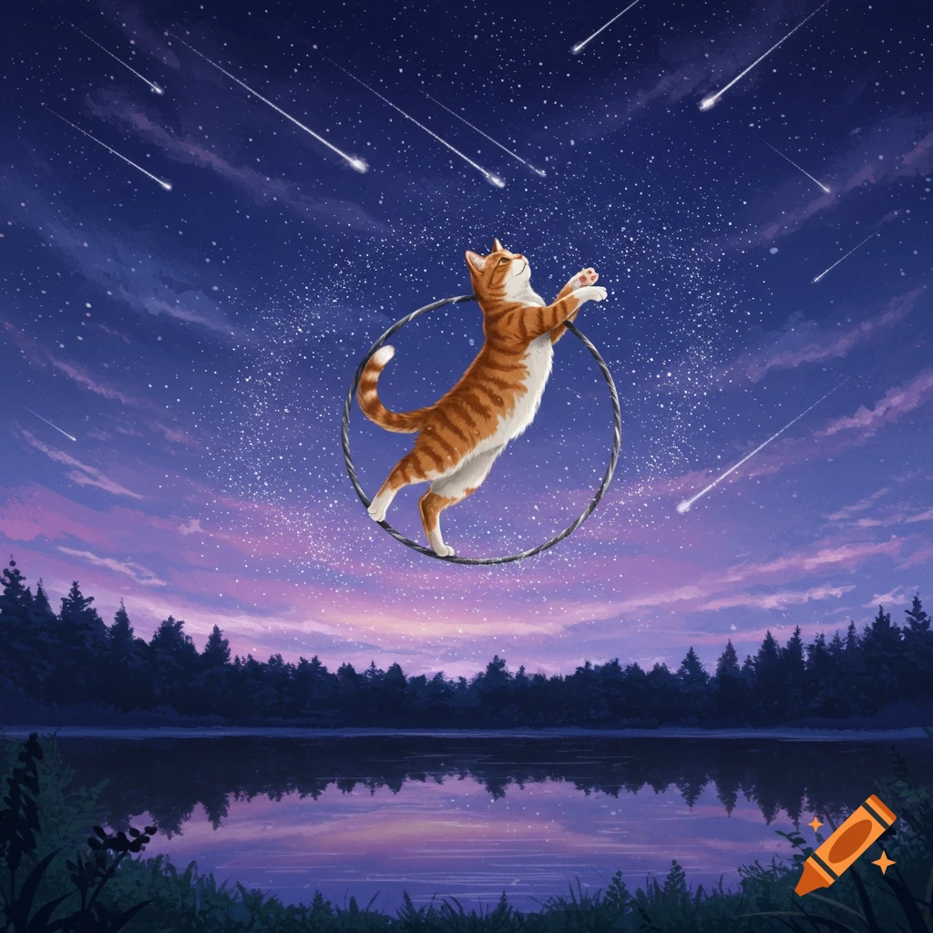 An orange tabby cat balances on a metal hoop, looking up at a starry night sky with shooting stars above a reflective lake and forest.