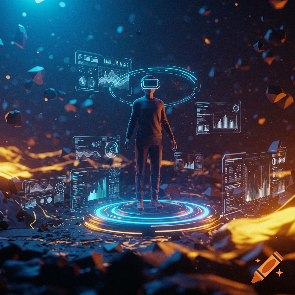 A person in a VR headset stands on a glowing platform surrounded by holographic data screens in a dark, futuristic setting.