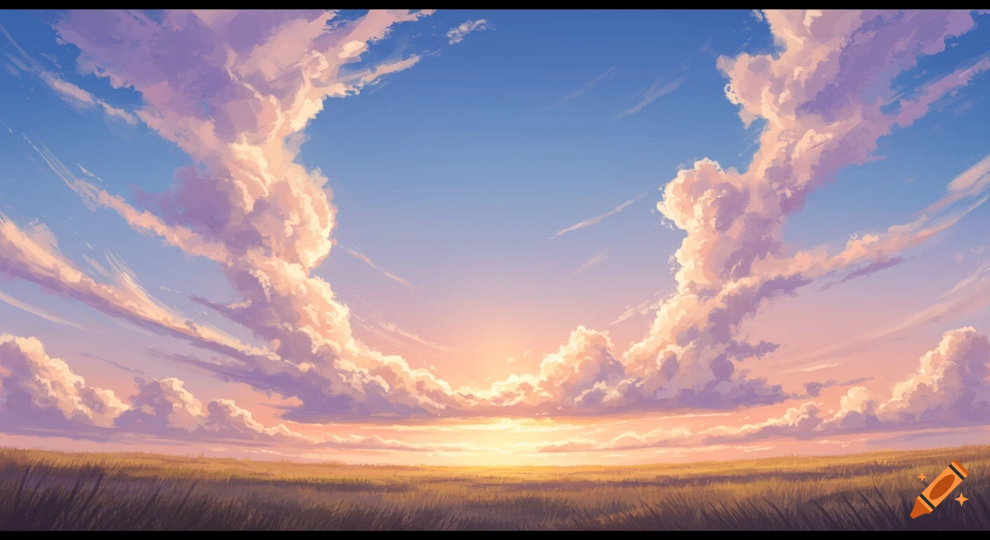 A vibrant painted sky at sunset or sunrise, with voluminous pink and orange clouds forming a U shape over a golden field.
