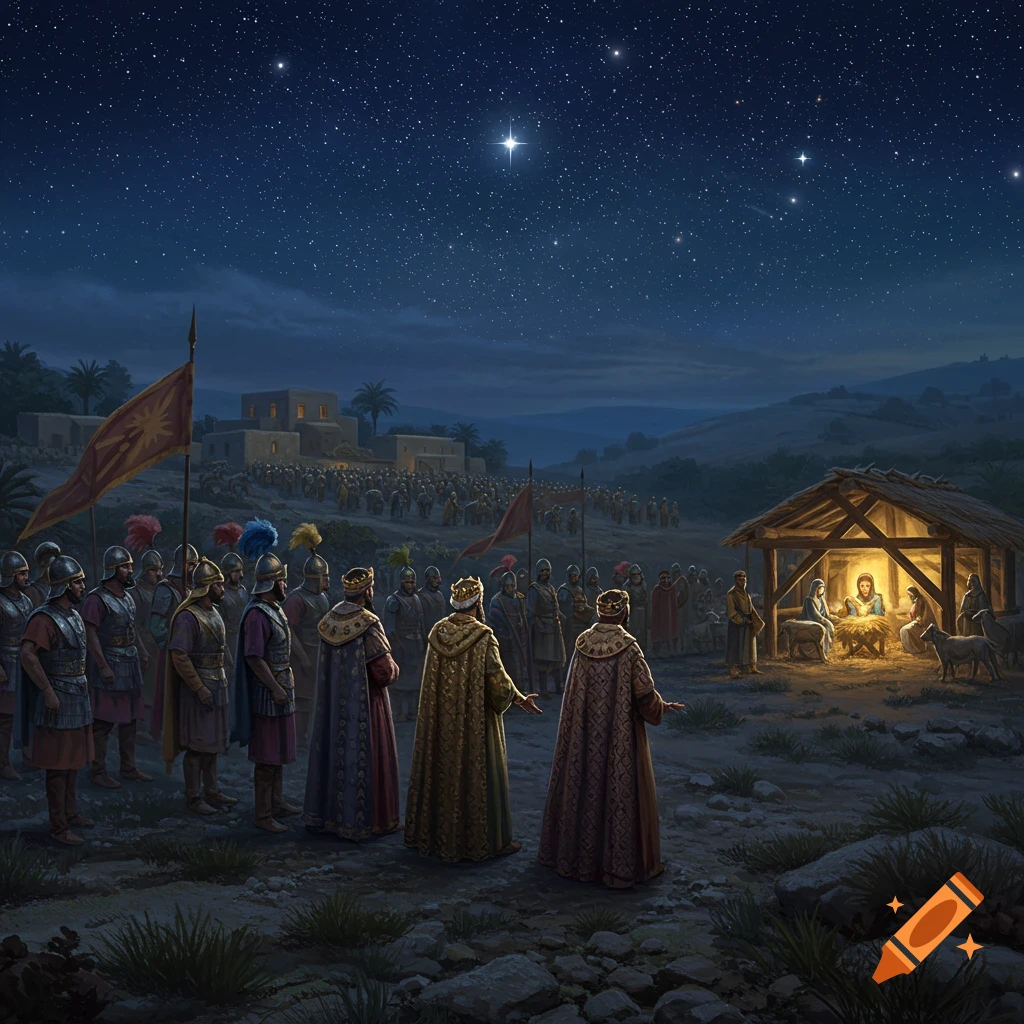 Three kings and soldiers approach a nativity scene under a brilliant star in a night sky.