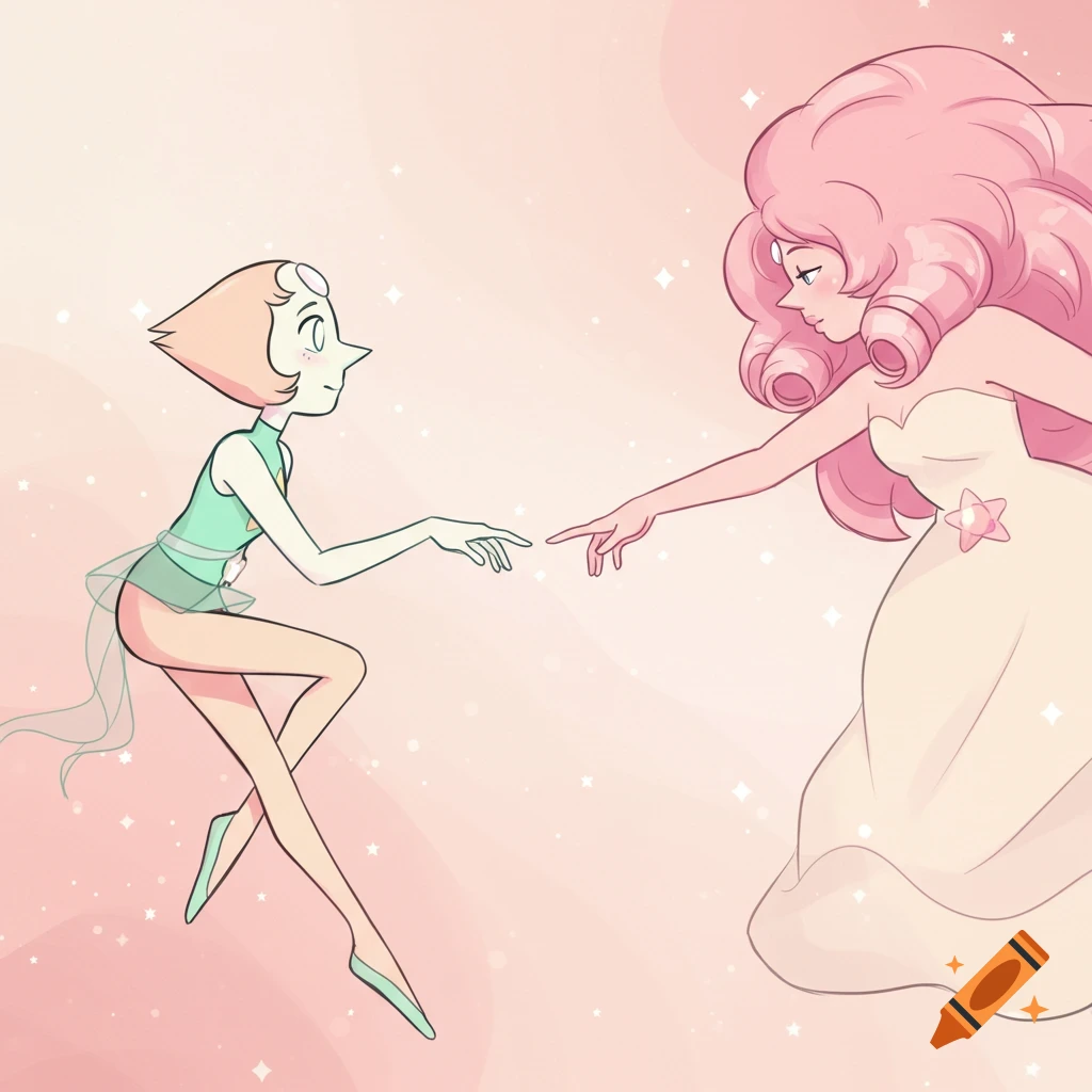 Cartoon drawing of Pearl and Rose Quartz from Steven Universe reaching out to touch fingers in the style of The Creation of Adam, on a pink starry background.