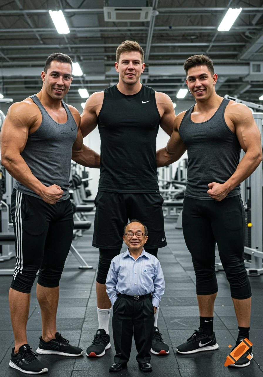Three muscular men in a gym stand tall next to a much shorter man in business casual attire.