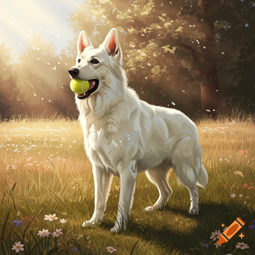 A white German Shepherd dog stands in a sunlit field with a tennis ball in its mouth, depicted in a digital painting style.