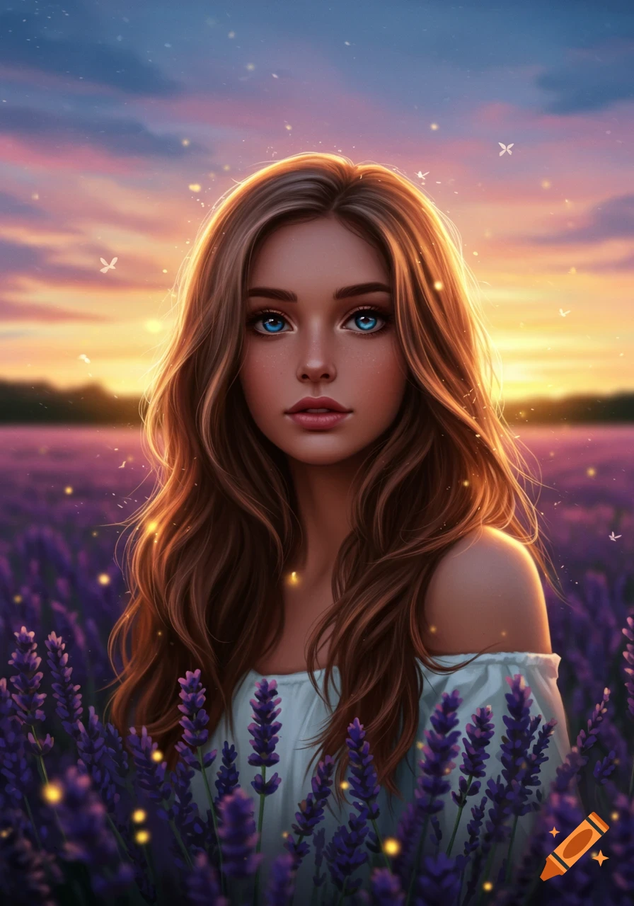 Dreamy digital art of a beautiful woman with long brown hair and blue eyes standing in a lavender field at sunset.