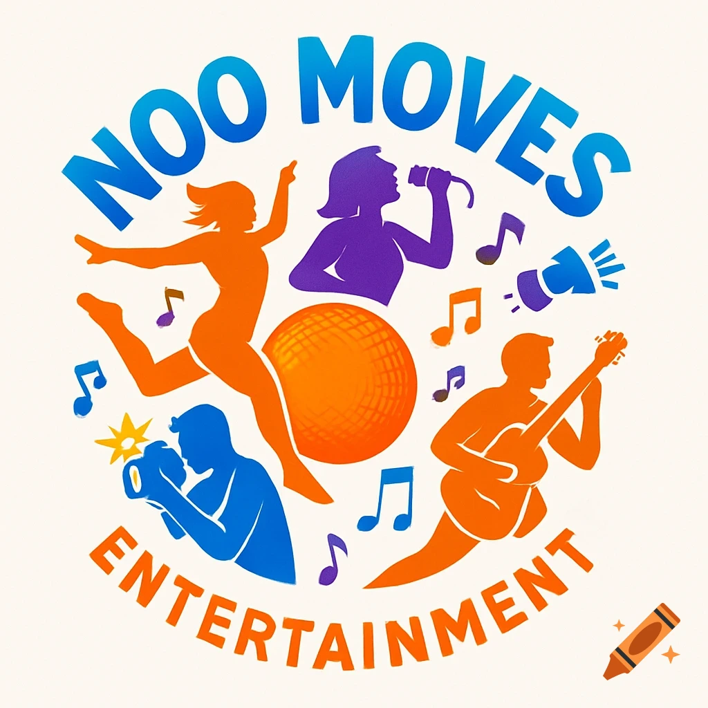 Vibrant logo for Noo Moves Entertainment with silhouettes of performers around a disco ball and musical notes.