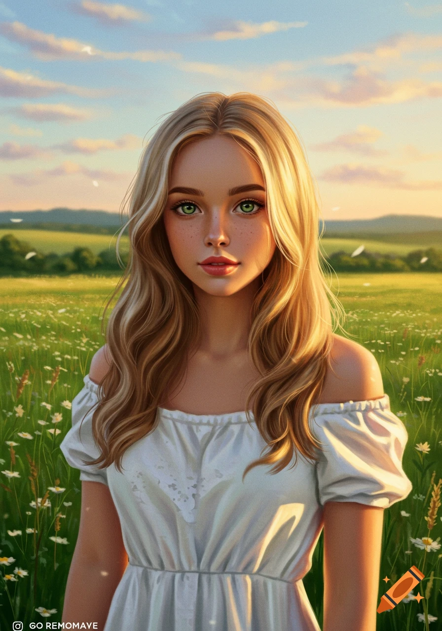 A digital painting of a beautiful young woman with blonde hair and green eyes in a white dress, standing in a field of flowers at sunset.
