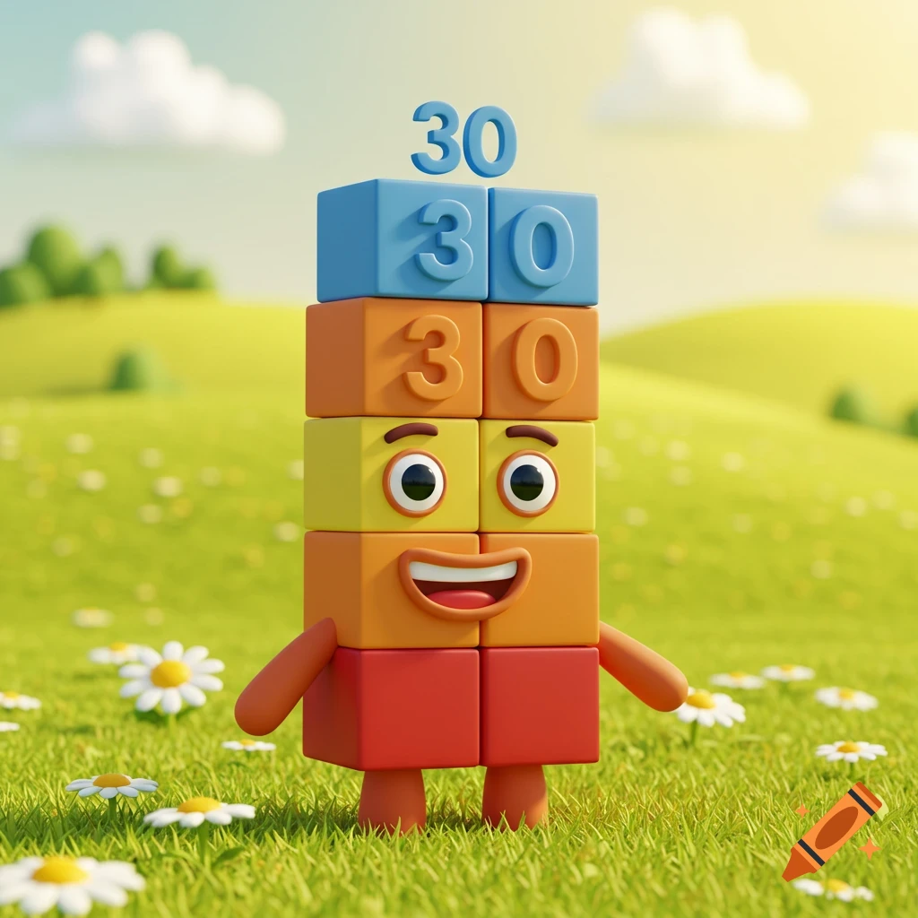 A cheerful Numberblock 30 character made of colorful blocks stands in a sunny green field with white daisies.