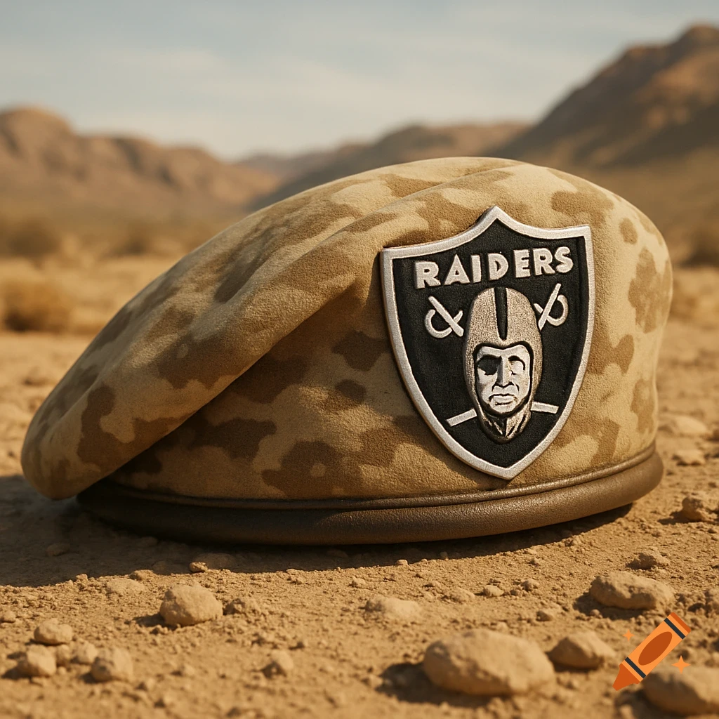 Photorealistic desert camouflage military beret with Las Vegas Raiders logo patch on sandy ground with mountains in background.