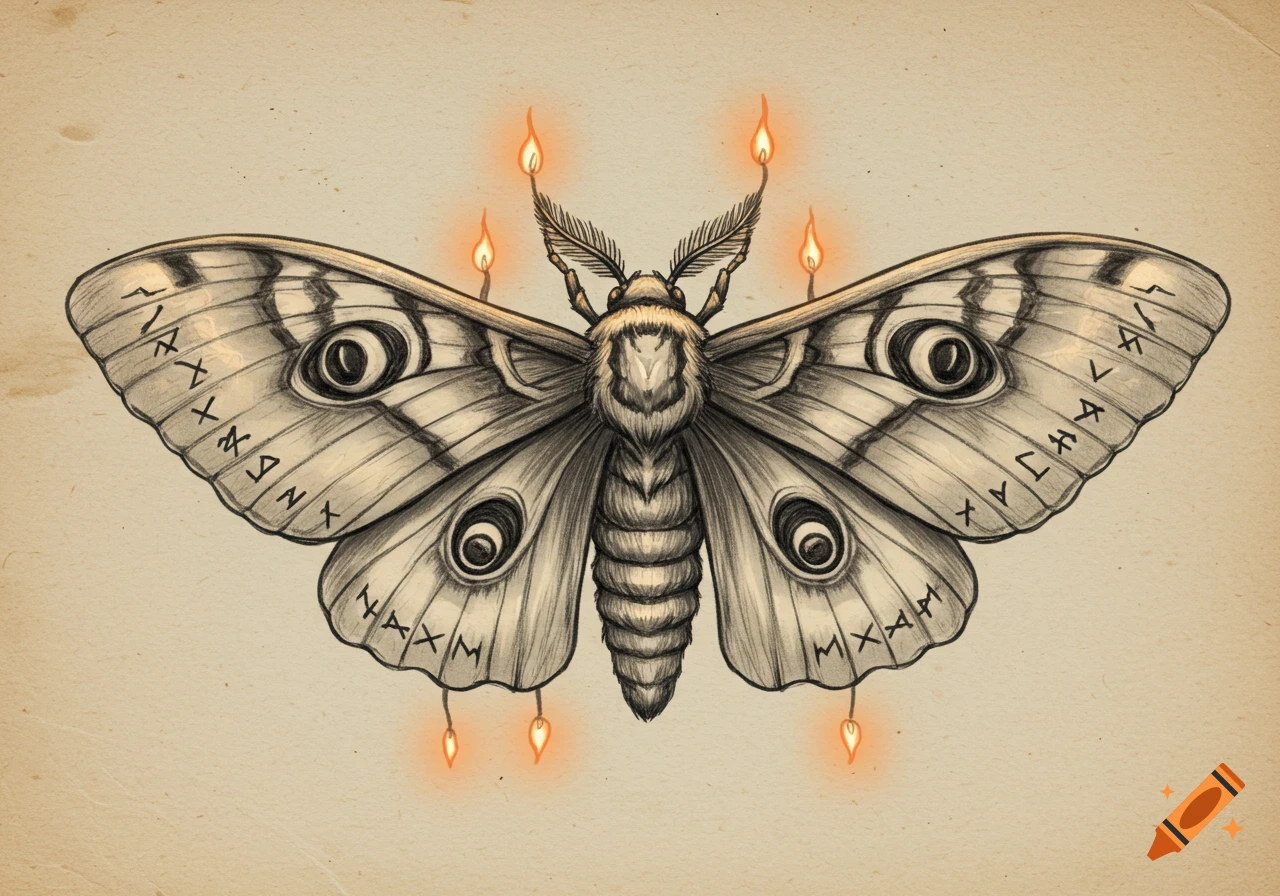 Sketch of an ancient moth with eyespots on its wings, flaming antennae, and rune-like symbols on a parchment background.