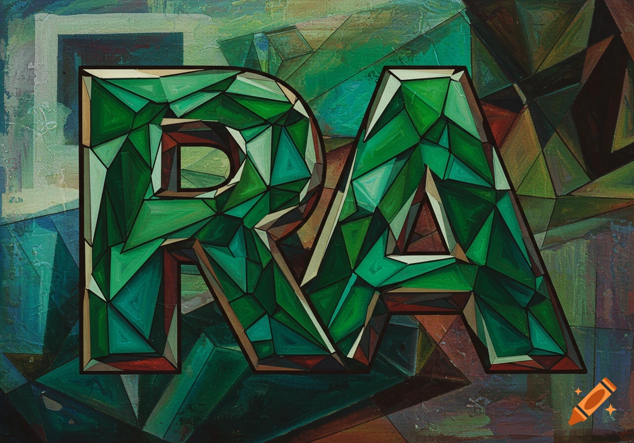 A cubist painting featuring the letters R and A, made of geometric shapes in shades of green.