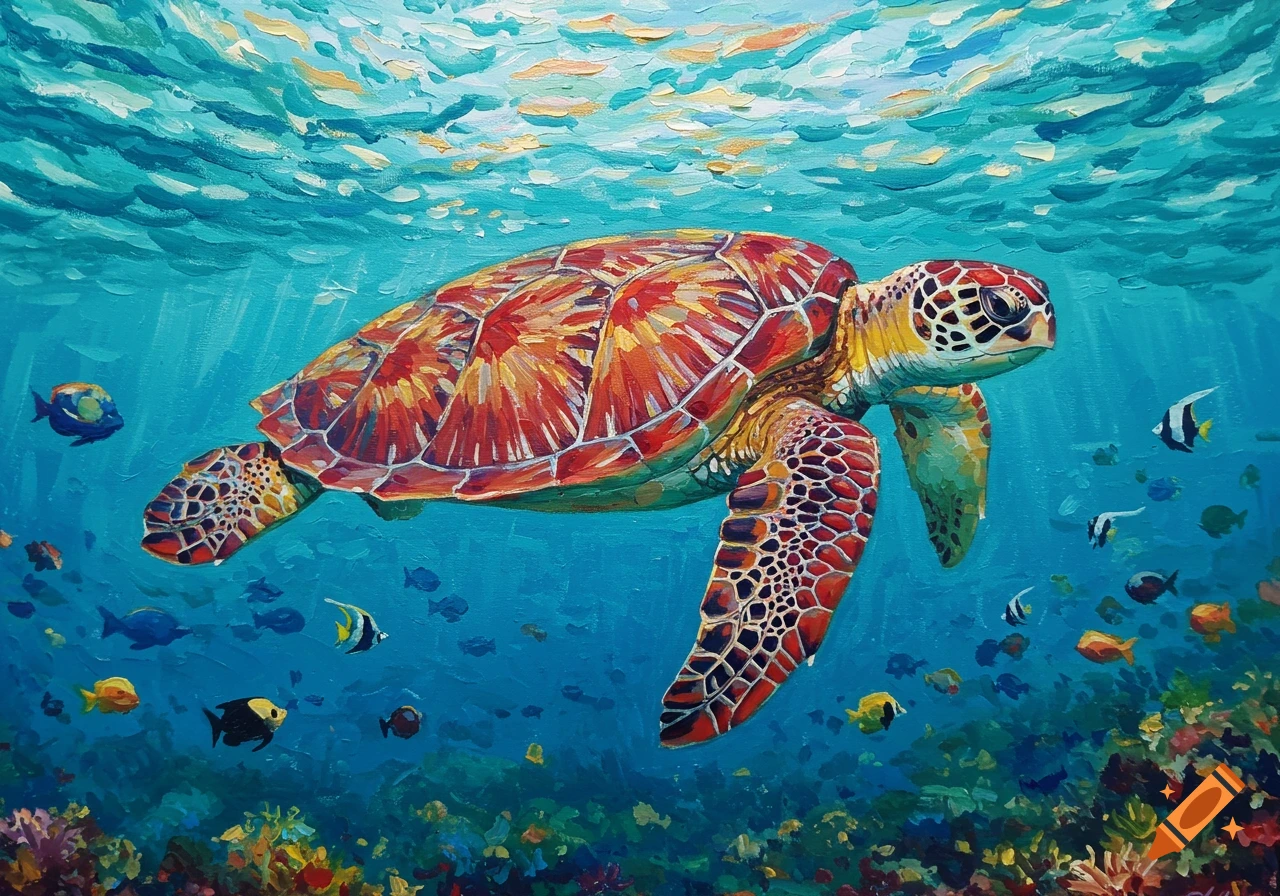 A vibrant fauvism painting of a sea turtle swimming underwater among colorful coral and fish.