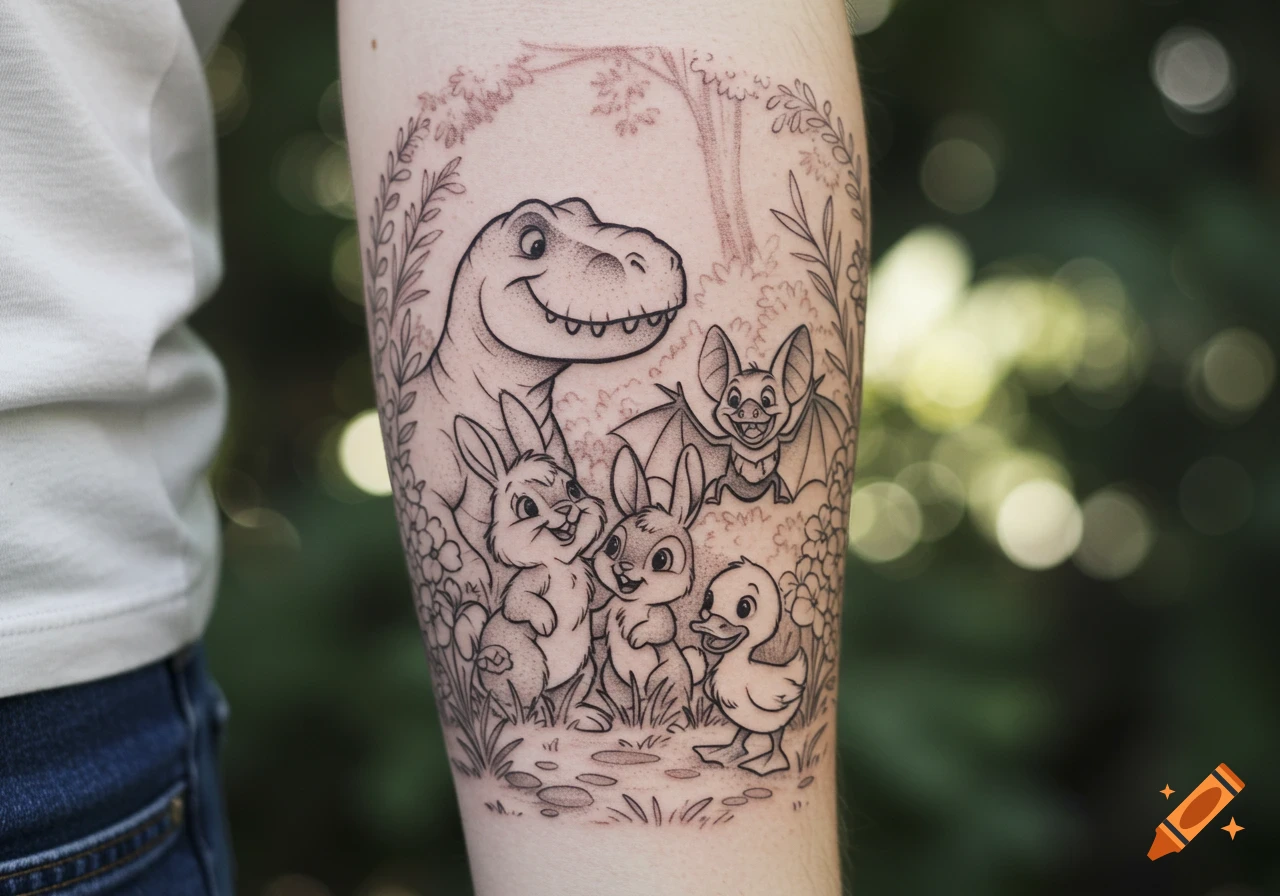 A black and grey tattoo on an arm depicts a smiling cartoon T-Rex with a bat, two bunnies, and a duckling in a forest, in a Disney-inspired style.