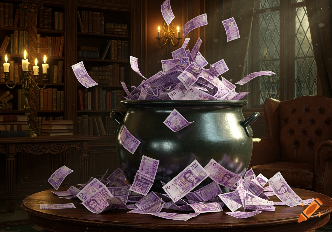 A black cauldron overflowing with purple British twenty pound notes, some notes spilling onto a dark wooden table. The room is a library with bookshelves and a candelabra.