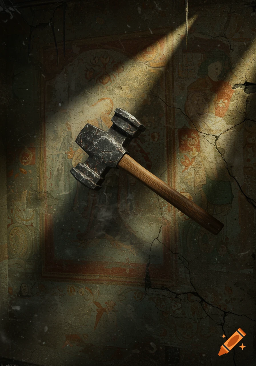 A large, dark hammer with a wooden handle leans against a cracked wall with faded ancient murals, illuminated by a beam of light.
