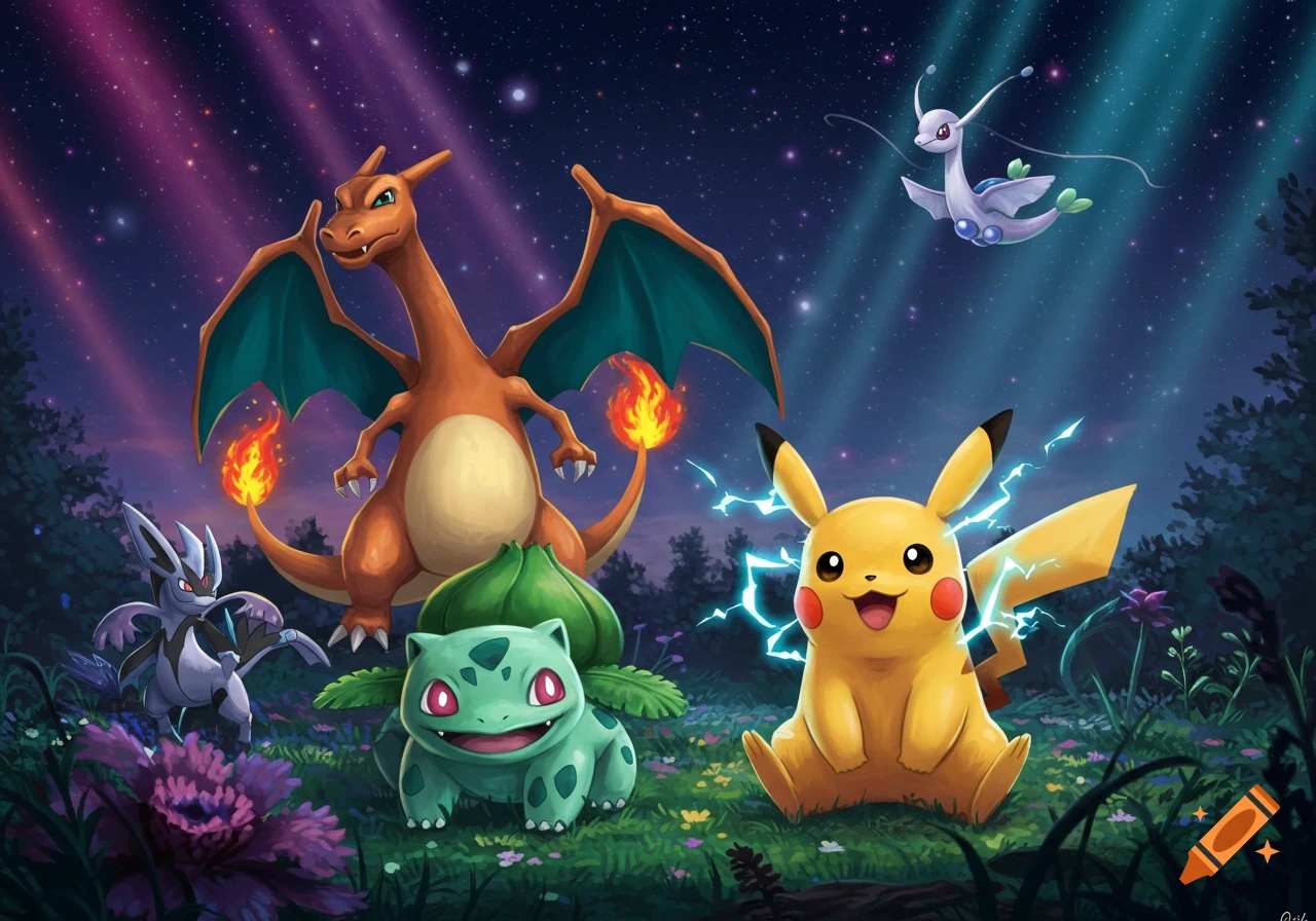 Illustrative image of Charizard, Pikachu, Bulbasaur, Weavile, and Dragonair in a starry forest at night.
