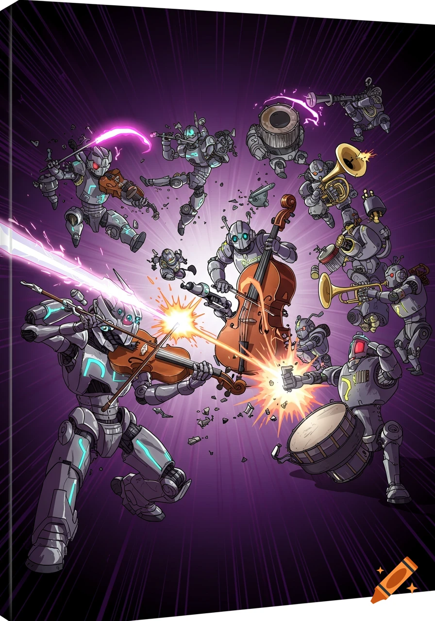 Anime-style battle scene of robots playing musical instruments with energy blasts against a purple and black background.