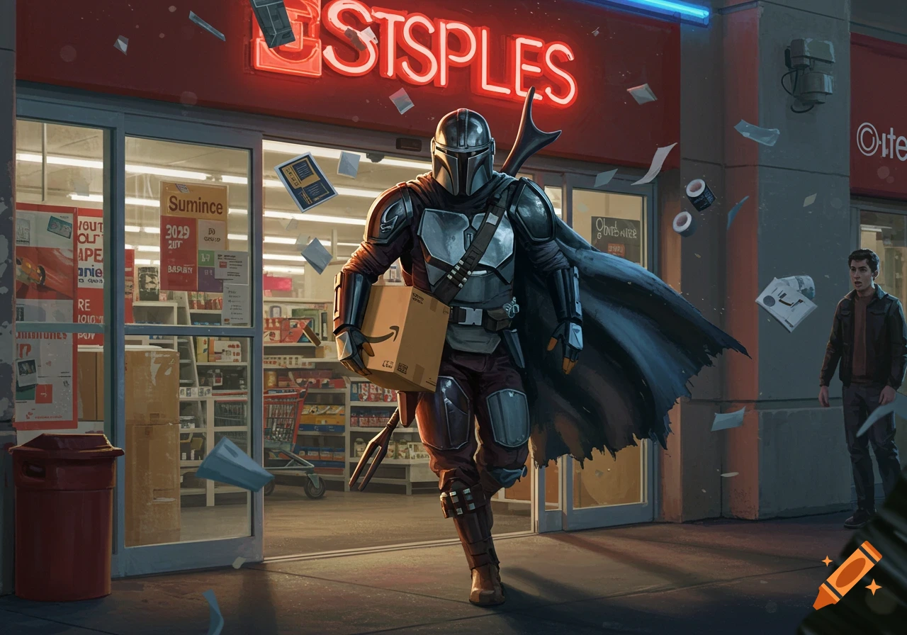 The Mandalorian runs out of a Staples-like store with an Amazon package, papers flying around. Another person stands nearby.