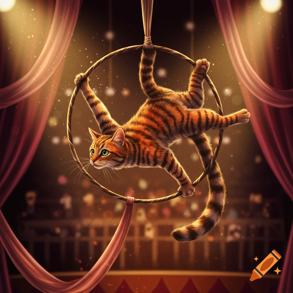 A striped tabby cat performs an aerial hoop act under spotlight in a circus tent with red curtains.