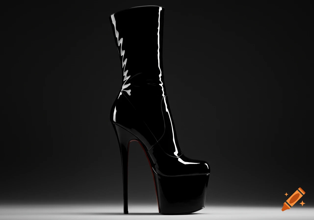 A single black patent leather knee-high platform boot with a stiletto heel and red sole, against a dark studio background.