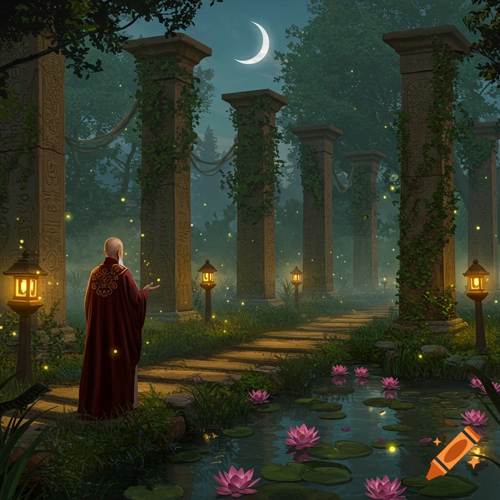 A monk in a red robe stands in a mystical forest with glowing fireflies, ancient stone pillars, a crescent moon, and a pond with pink lotus flowers.