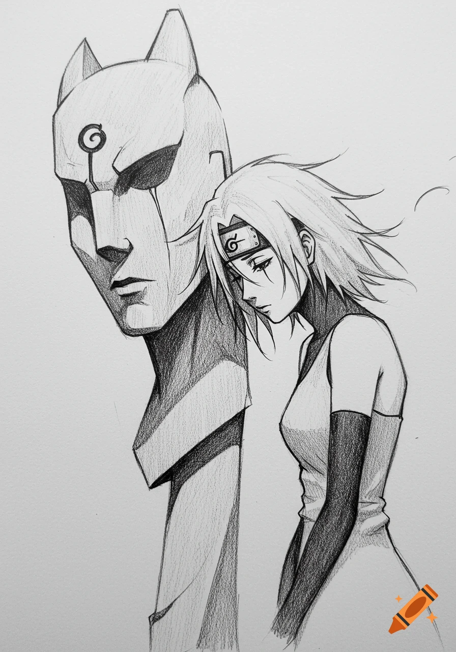 Pencil sketch of a melancholic female character with long hair and a headband leaning against a large, minimalist monument.