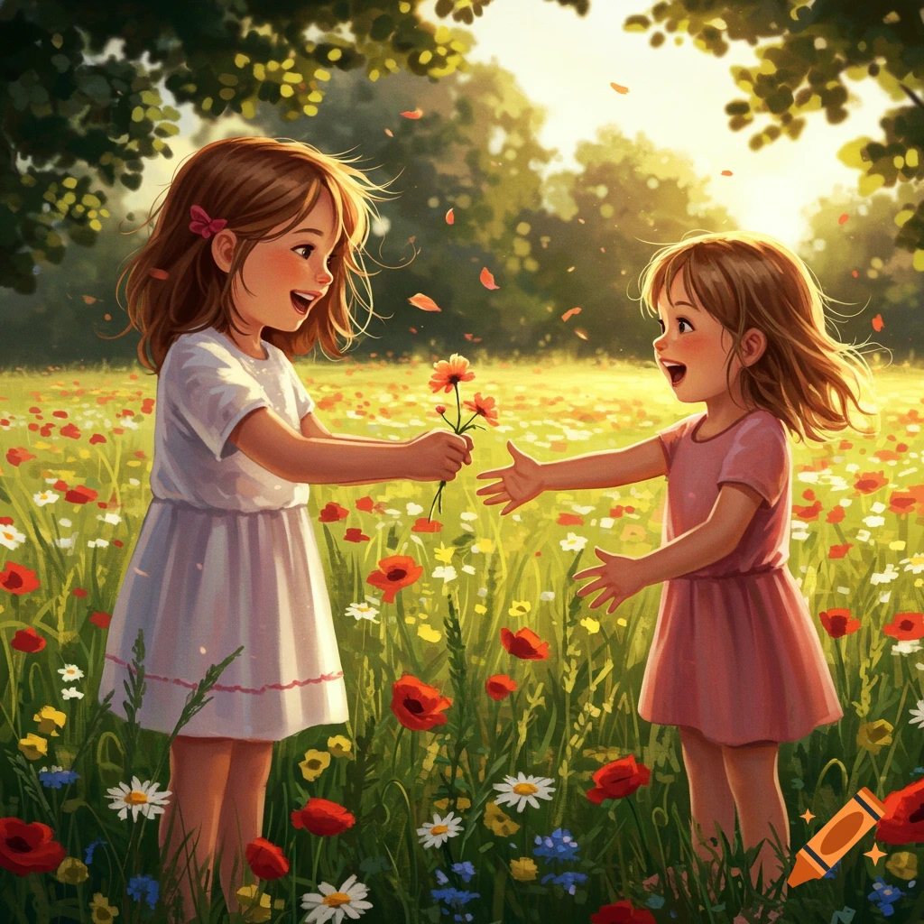 Two smiling girls in a sunlit wildflower field, one offering flowers to the other in a vibrant illustrative style.