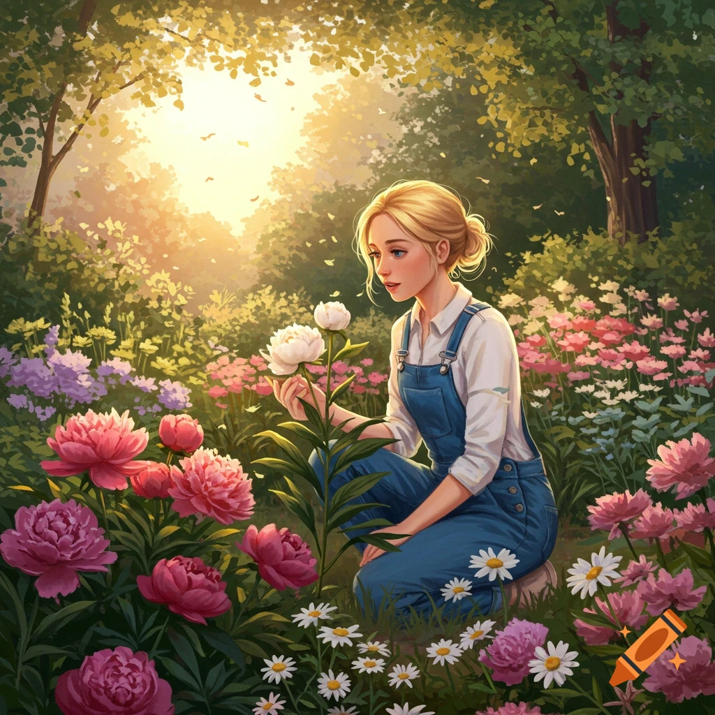 A Blonde Woman In Overalls Kneels In A Sunlit Garden Examining A White TJifhCbERuCLNe0cN9fFLA.webp