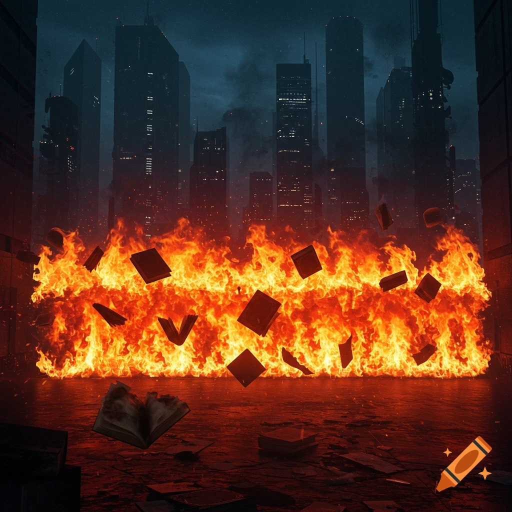 Books burning and floating in a wall of fire in a dark, dystopian cityscape at night.