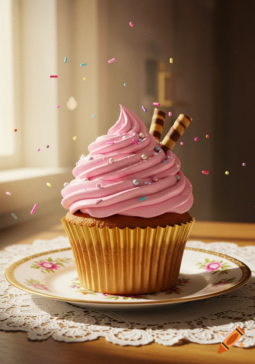 A photorealistic image of a cupcake with pink frosting, sprinkles, and wafer rolls, served on a decorated plate on a lace tablecloth.