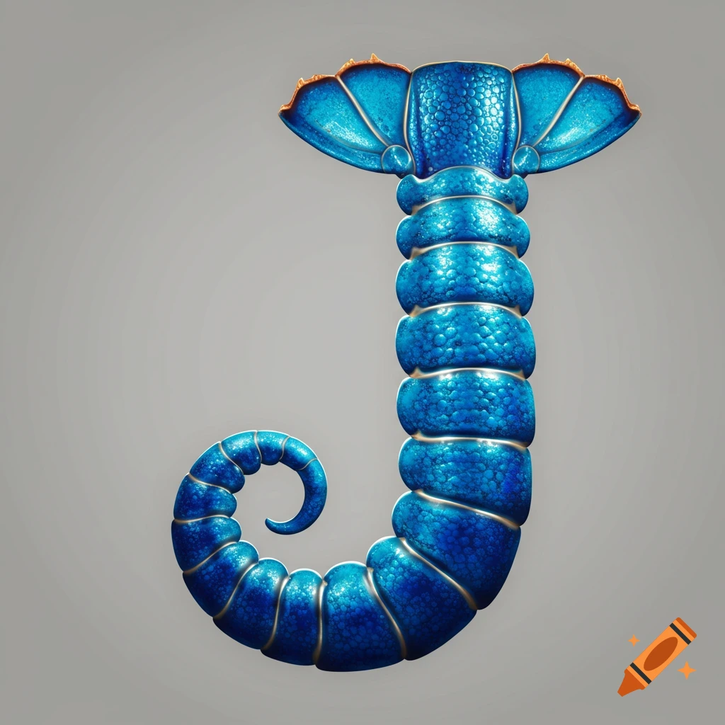A blue letter J that looks like a textured lobster tail with gold accents against a gray background.