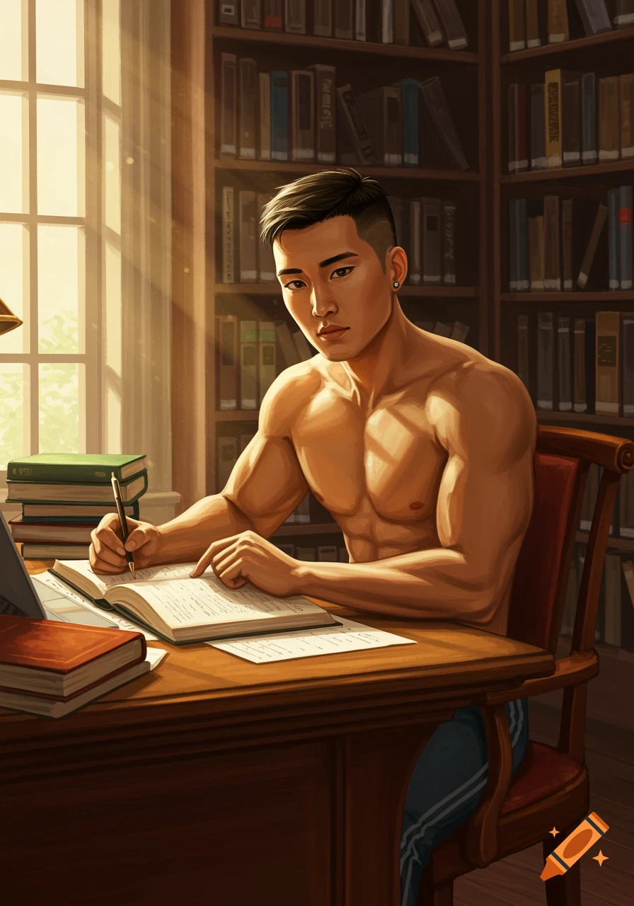 A muscular Asian man sits shirtless at a wooden desk in a sunlit library, writing in an open book. Digital art.