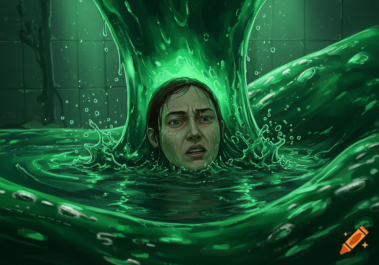 A distressed person's head struggles to surface from a churning pool of thick, green, translucent slime in an illustrative style.