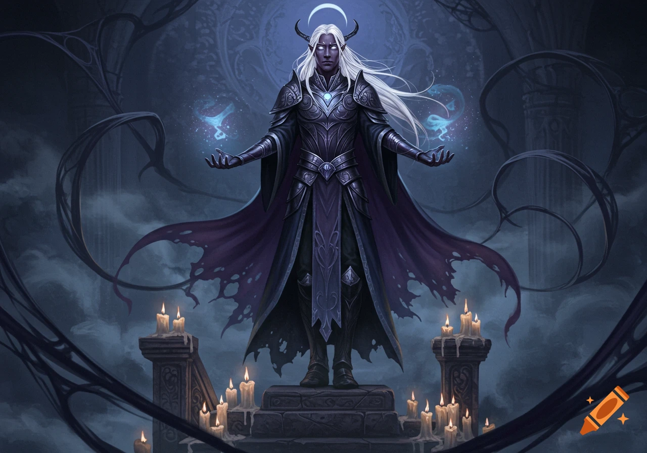 A dark fantasy art illustration of a male cleric with white hair and pale skin, standing in ornate armor, casting magic with glowing hands in a candlelit gothic setting.