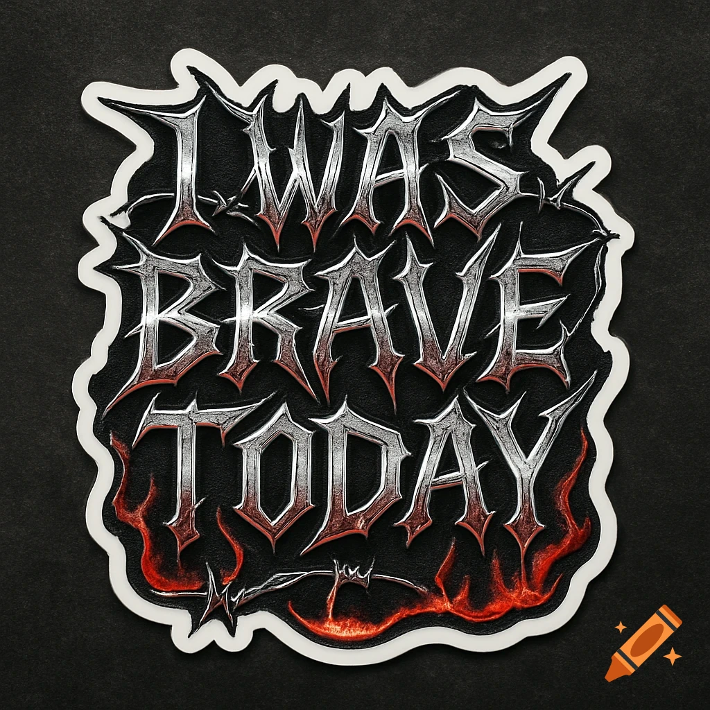 A sticker with the text 'I WAS BRAVE TODAY' in a chrome thrash metal font with barbed wire and red flames.