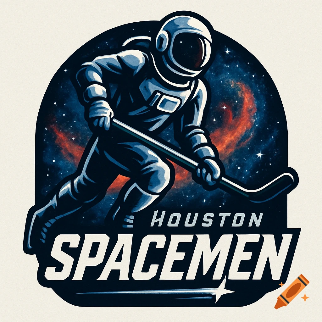 A stylized logo of an astronaut in a hockey stance with a stick, set against a backdrop of space and a nebula. The text reads 'Houston Spacemen'.
