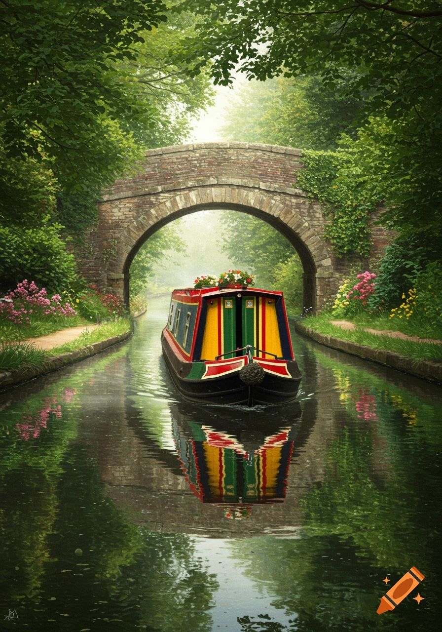 A vibrant narrowboat floats on a calm canal under a stone bridge, surrounded by lush green trees and flowering bushes.