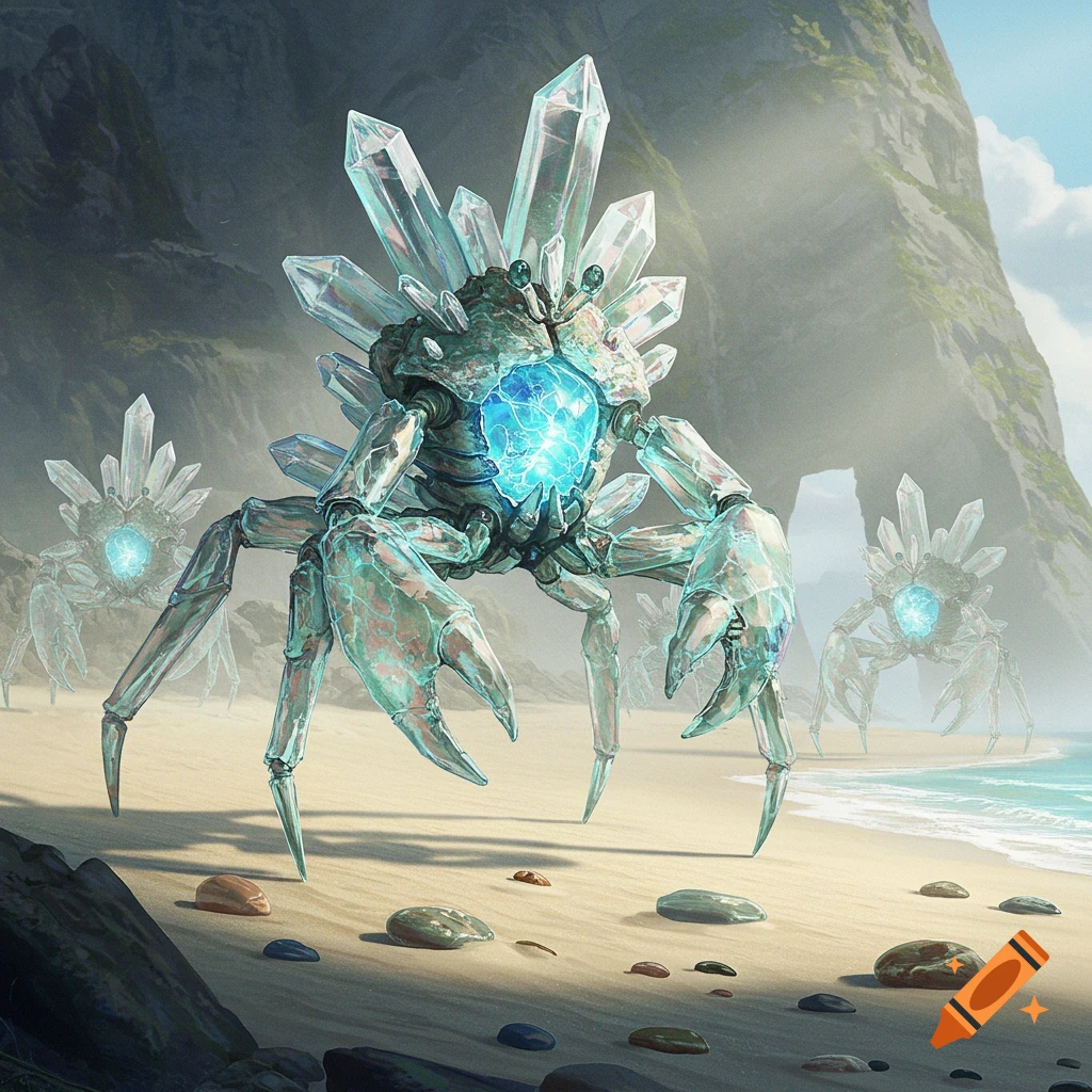 Three large, translucent crystal crab creatures with glowing blue cores on a sandy beach with rocky cliffs.
