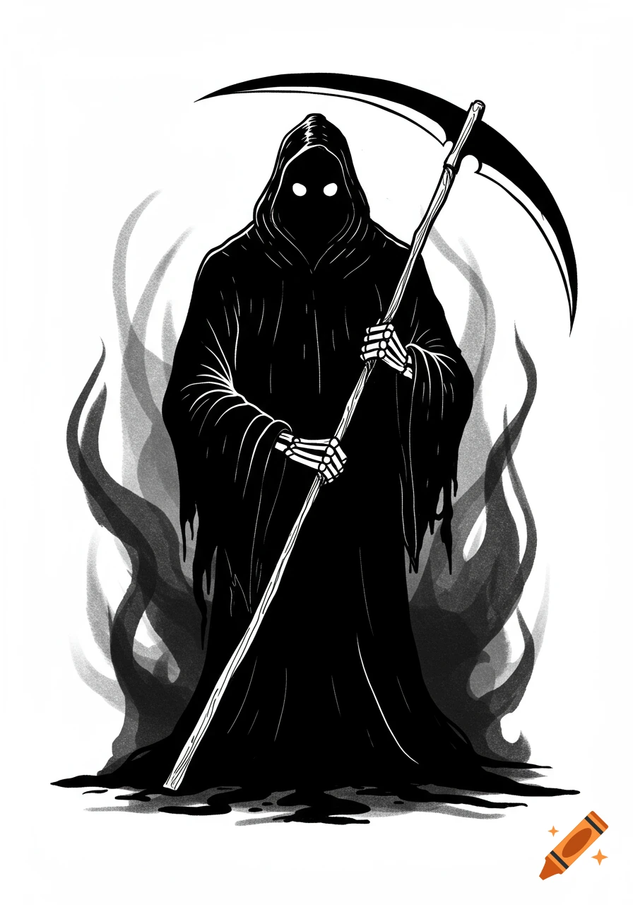 A stylized black and white illustration of the Grim Reaper in a dark hooded cloak, holding a large scythe, surrounded by wispy smoke.
