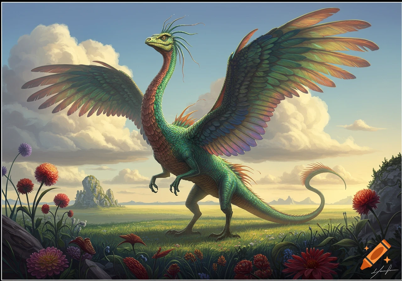 A majestic green feathered creature with colorful wings stands in a vibrant field of flowers under a cloudy sky.
