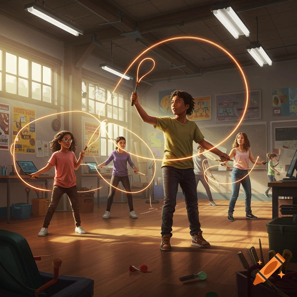 Children in a classroom experimenting with glowing light ropes.