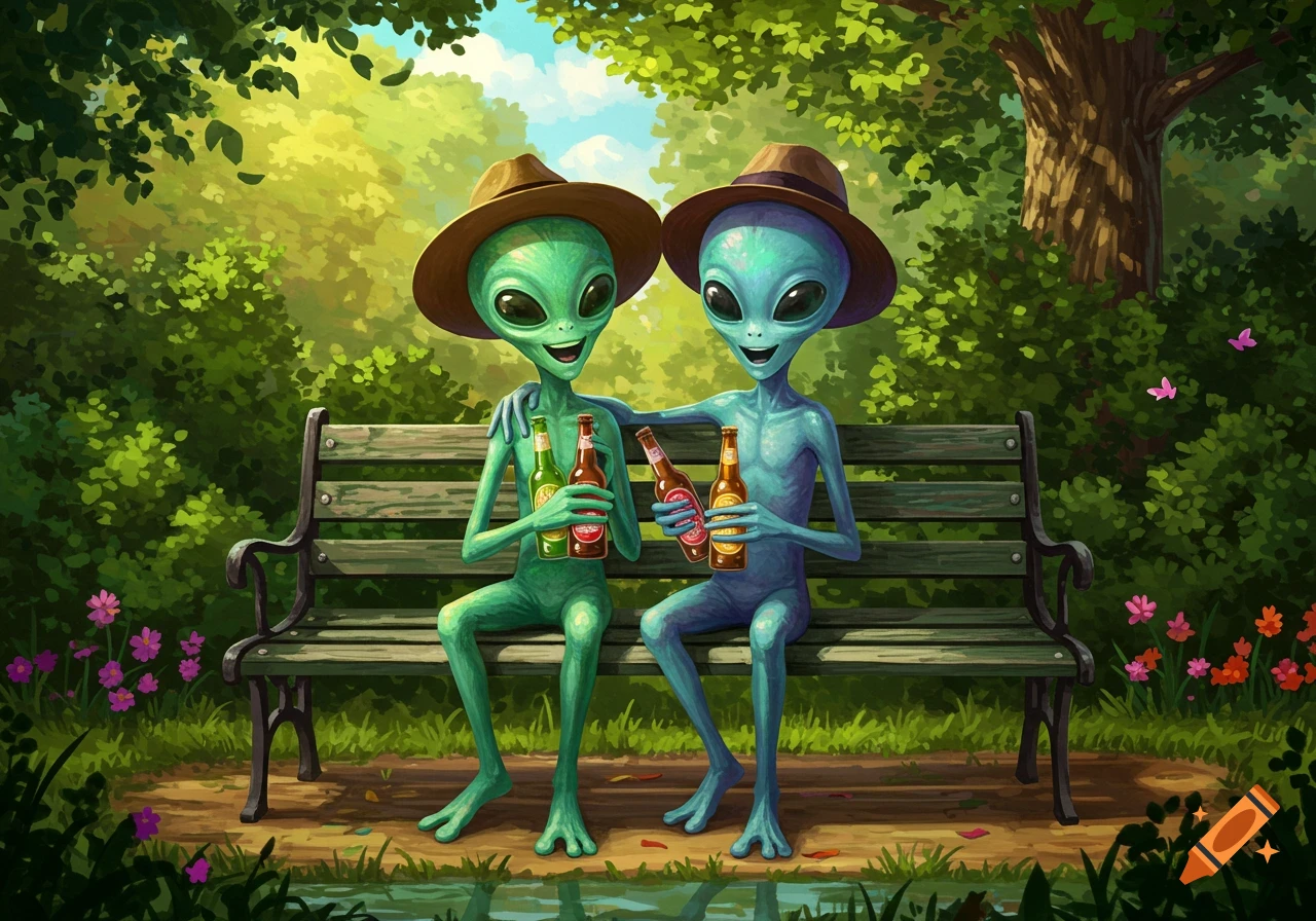 Illustration of two friendly cartoon aliens, one green and one blue, wearing hats, sitting on a park bench and holding bottles of beer.