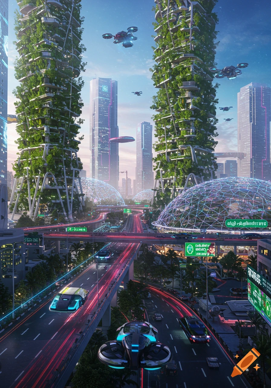 A futuristic Chennai cityscape with ultra-modern skyscrapers covered in vertical farms, hovering vehicles, and neon-lit roads at night.
